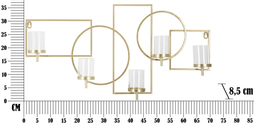 Porte-bougie mural géométrique en métal doré et verre transparent 5 lumières
