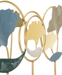 Porte-manteau mural métal doré décoratif ginkgo bleu et argenté