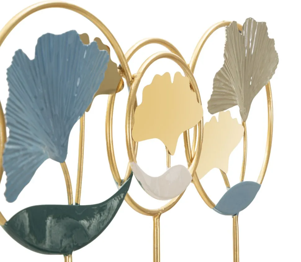 Porte-manteau mural métal doré décoratif ginkgo bleu et argenté