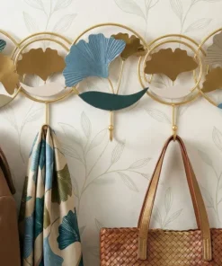 Porte-manteau mural métal doré décoratif ginkgo bleu et argenté
