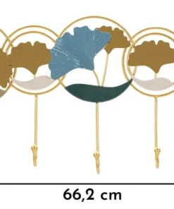 Porte-manteau mural métal doré décoratif ginkgo bleu et argenté