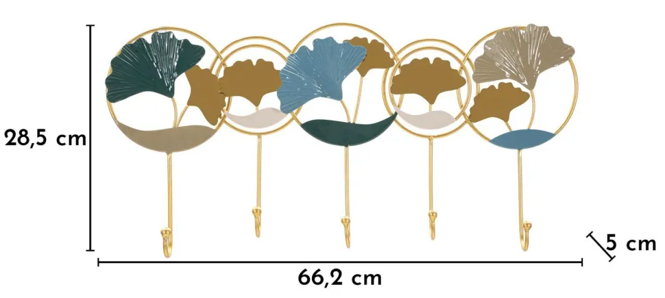Porte-manteau mural métal doré décoratif ginkgo bleu et argenté