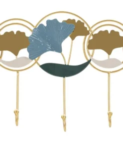 Porte-manteau mural métal doré décoratif ginkgo bleu et argenté