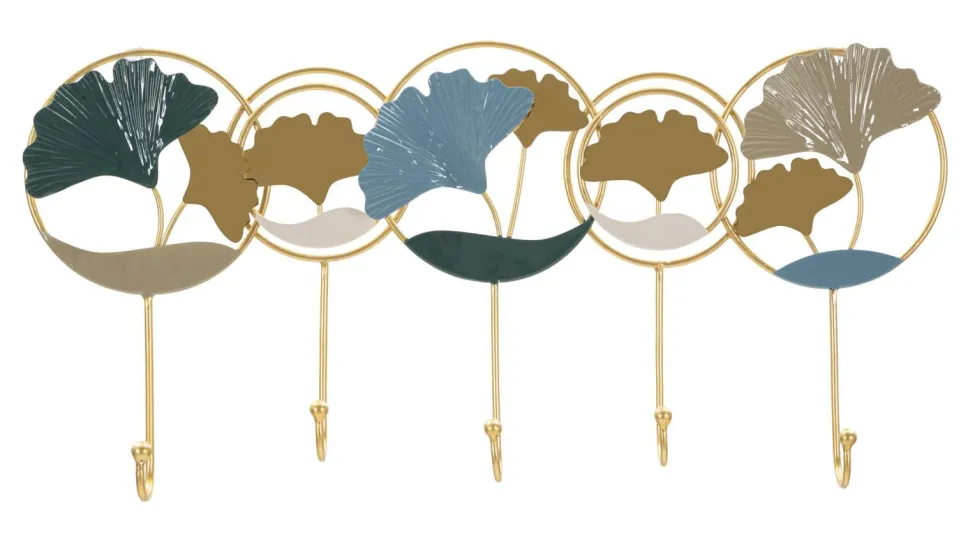 Porte-manteau mural métal doré décoratif ginkgo bleu et argenté