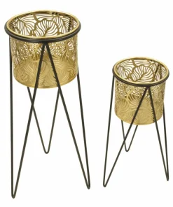 Porte-vase ensemble 2 pièces métal doré et support métal noir