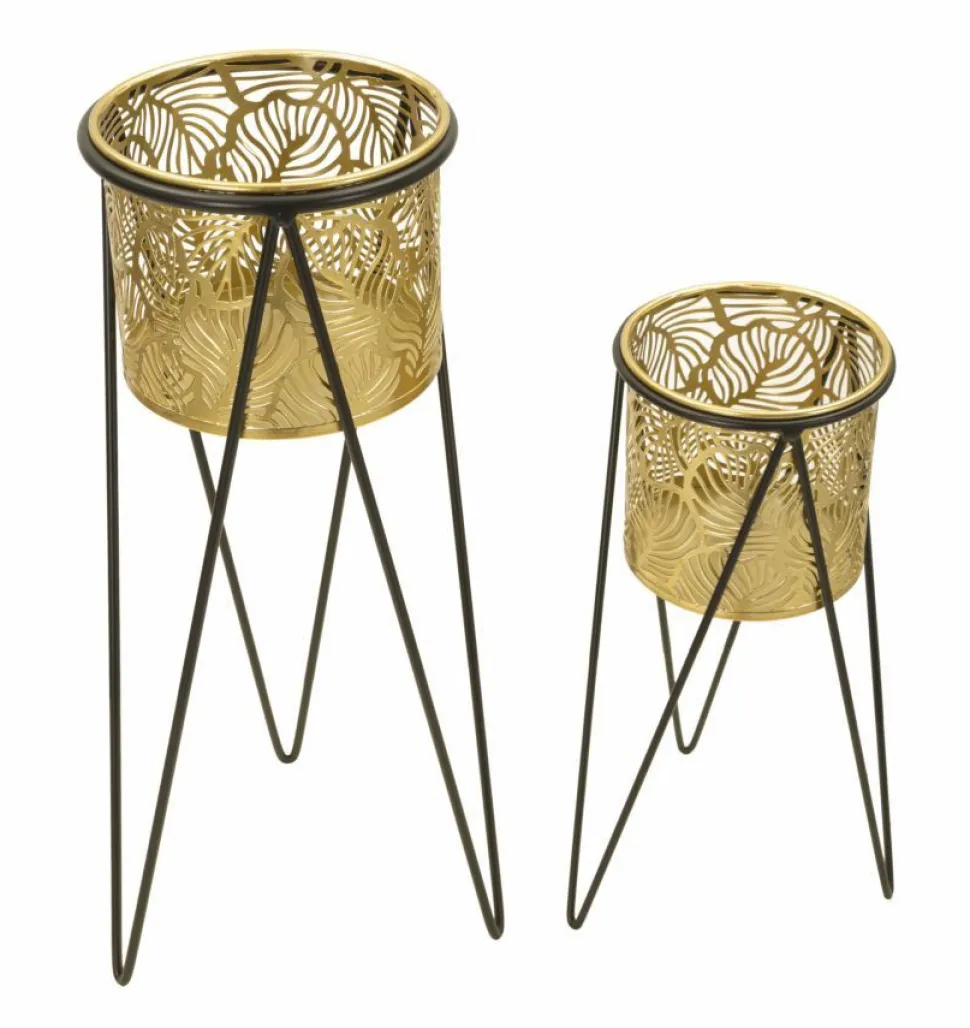 Porte-vase ensemble 2 pièces métal doré et support métal noir