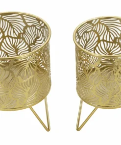 Porte-vase set de 2 en métal doré décoré de feuilles