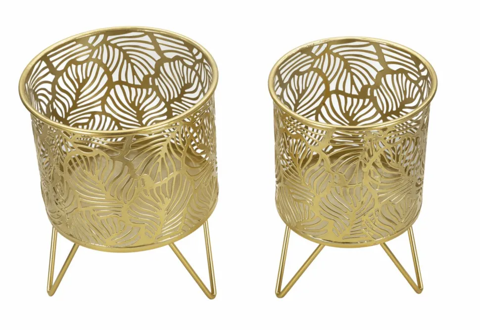 Porte-vase set de 2 en métal doré décoré de feuilles