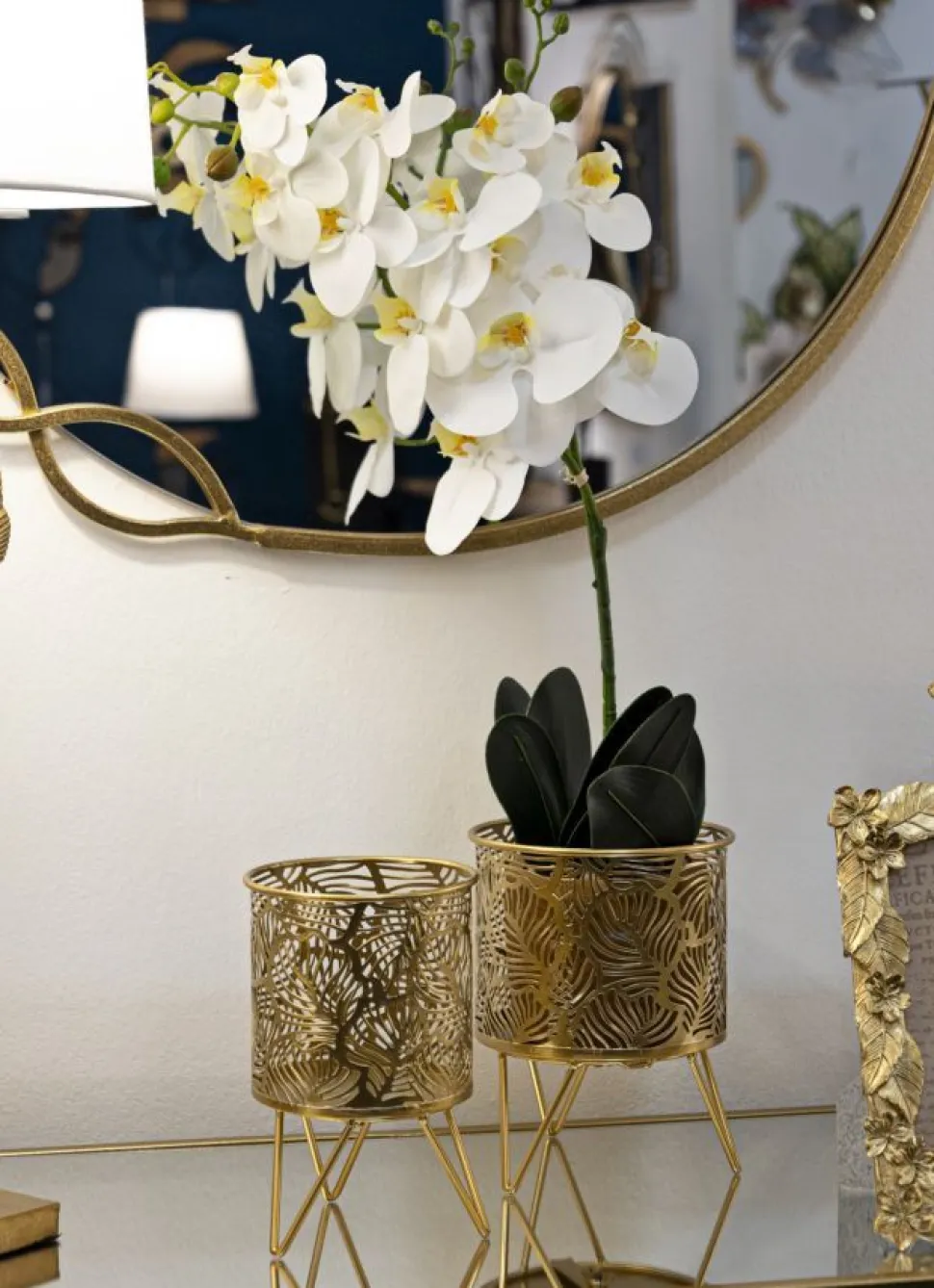 Porte-vase set de 2 en métal doré décoré de feuilles