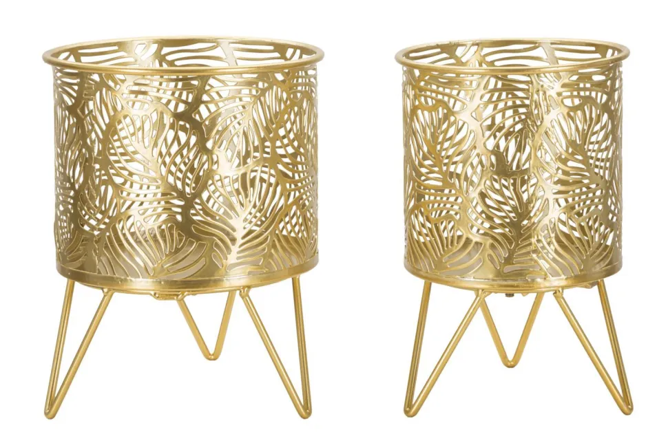 Porte-vase set de 2 en métal doré décoré de feuilles