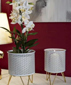 Porte-vases en métal blanc avec support en métal doré