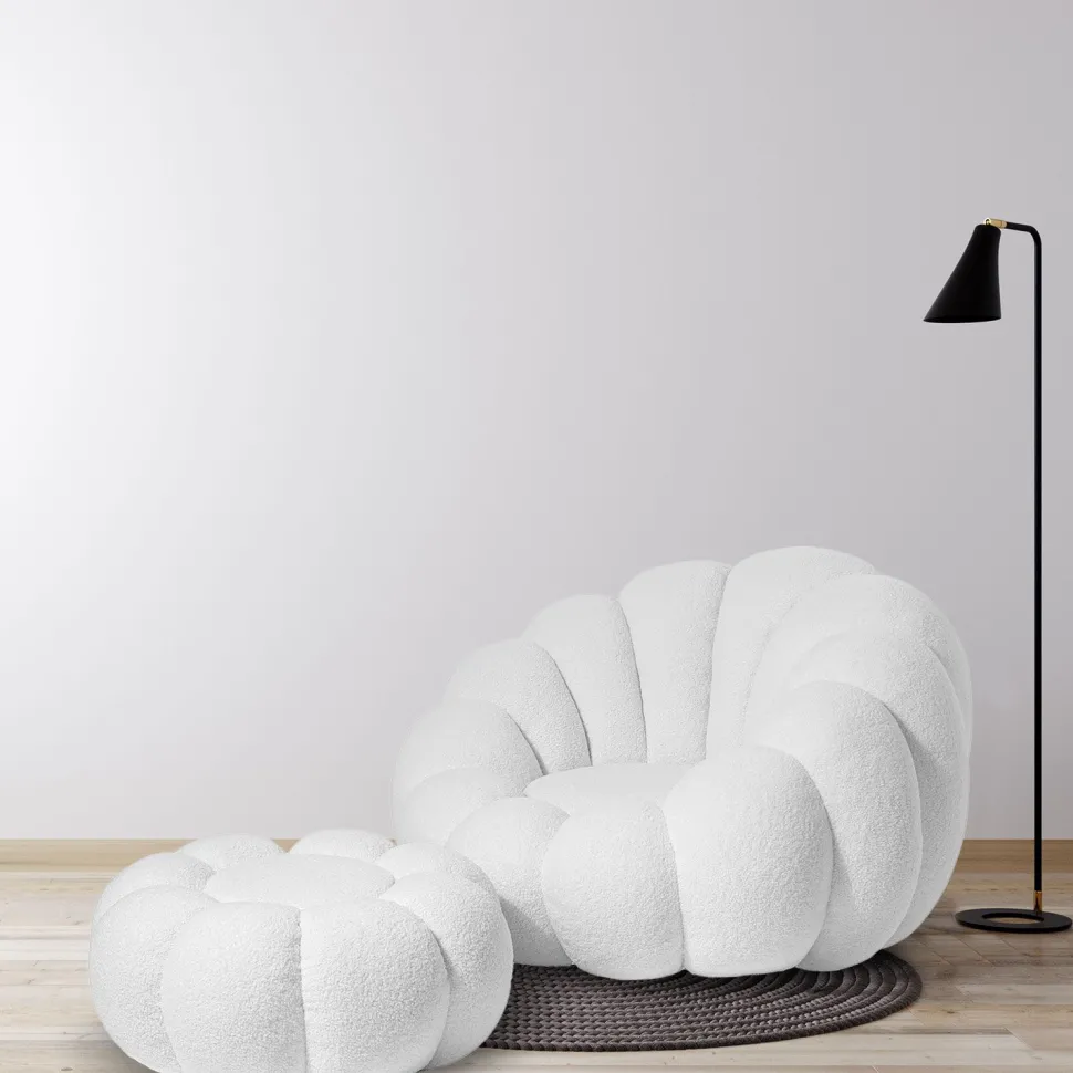 Pouf design fleur Arielina Tissu bouclette Blanc