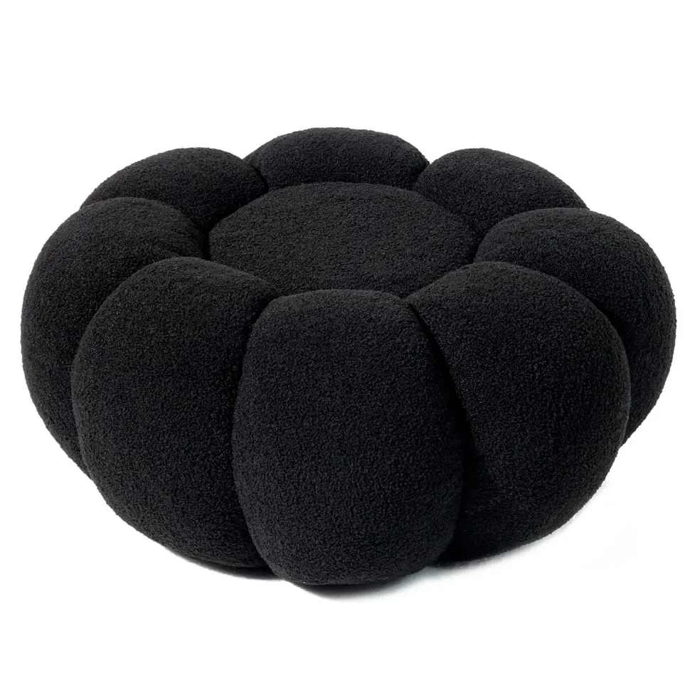 Pouf design fleur Arielina Tissu bouclette Noir