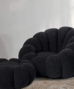 Pouf design fleur Arielina Tissu bouclette Noir