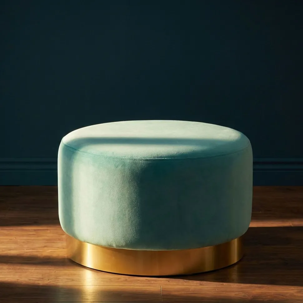 Pouf Rond Daisy Velours Menthe Pied Or