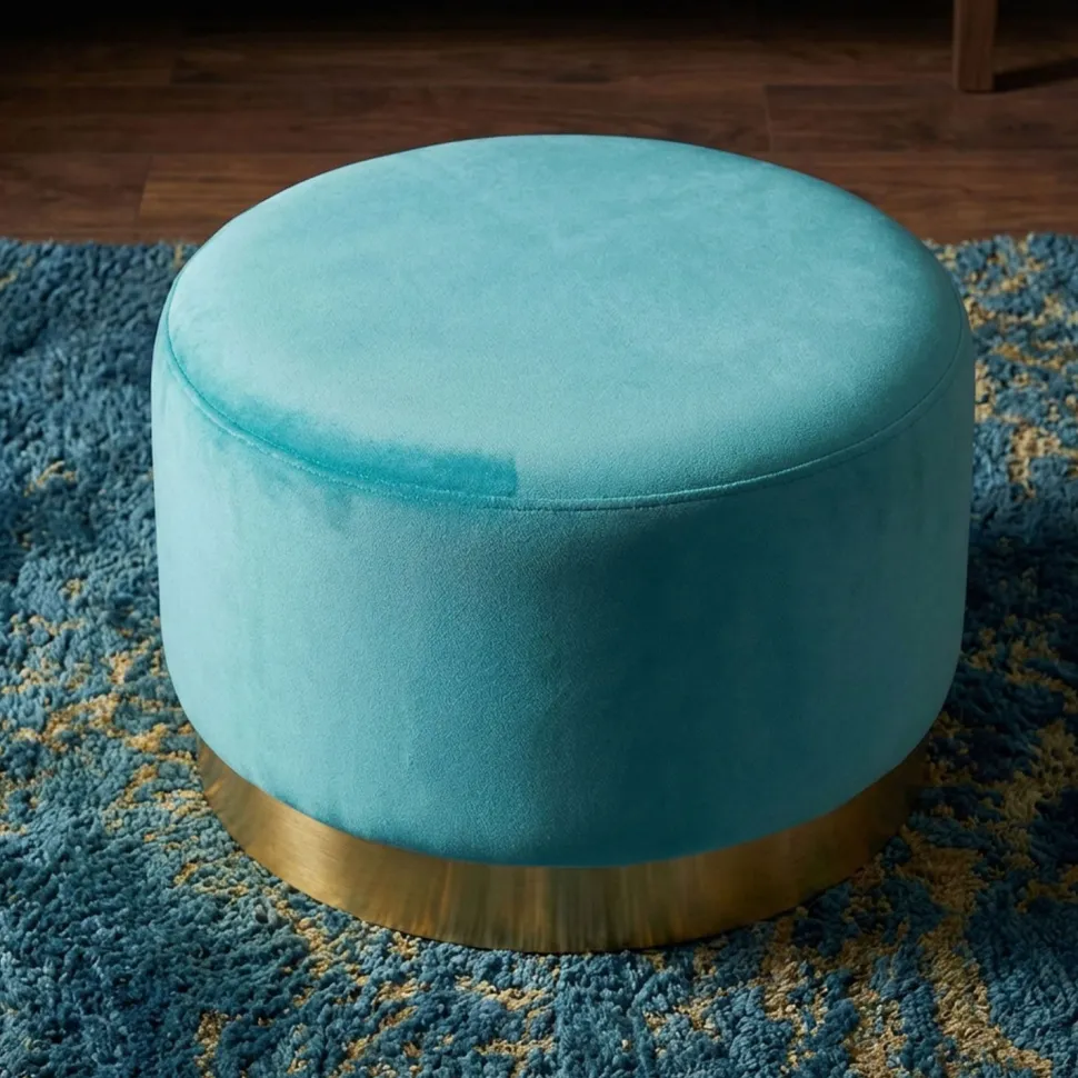 Pouf Rond Daisy Velours Menthe Pied Or