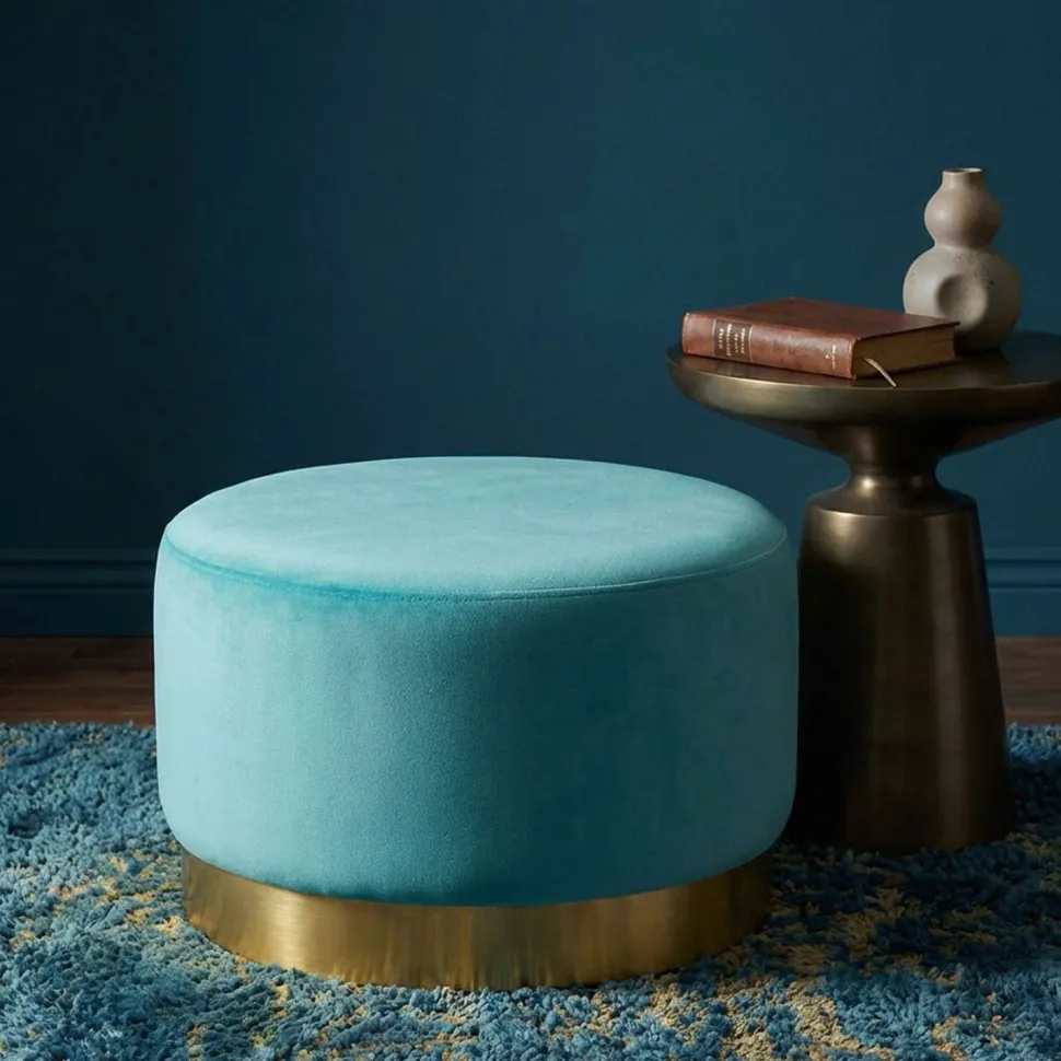 Pouf Rond Daisy Velours Menthe Pied Or