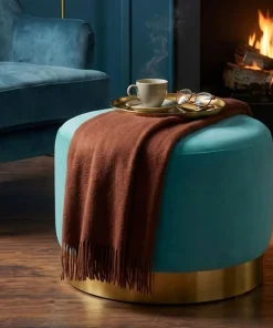 Pouf Rond Daisy Velours Menthe Pied Or