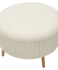 Pouf rond Gothenburg Tissu bouclette Crème pieds Bois Clair