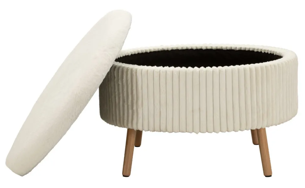 Pouf rond Gothenburg Tissu bouclette Crème pieds Bois Clair