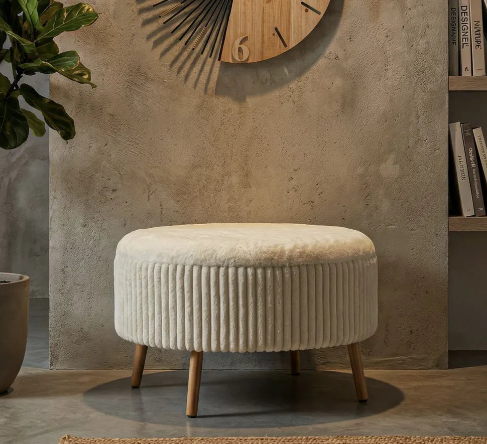 Pouf rond Gothenburg Tissu bouclette Crème pieds Bois Clair