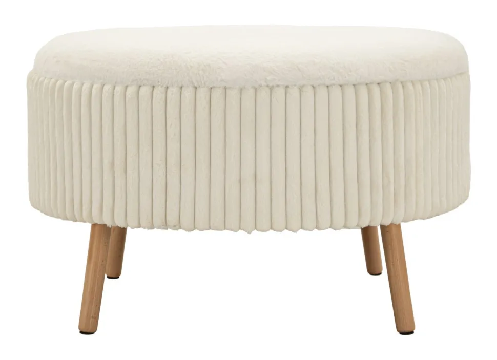 Pouf rond Gothenburg Tissu bouclette Crème pieds Bois Clair