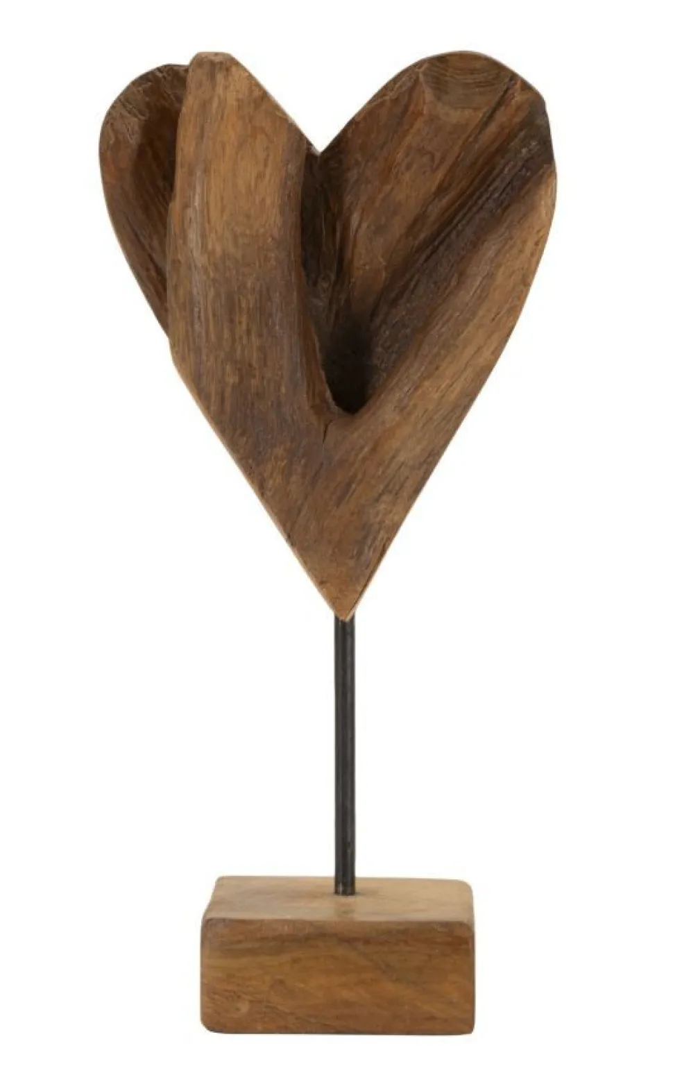 Sculpture cœur Teck recyclé base métal Noir
