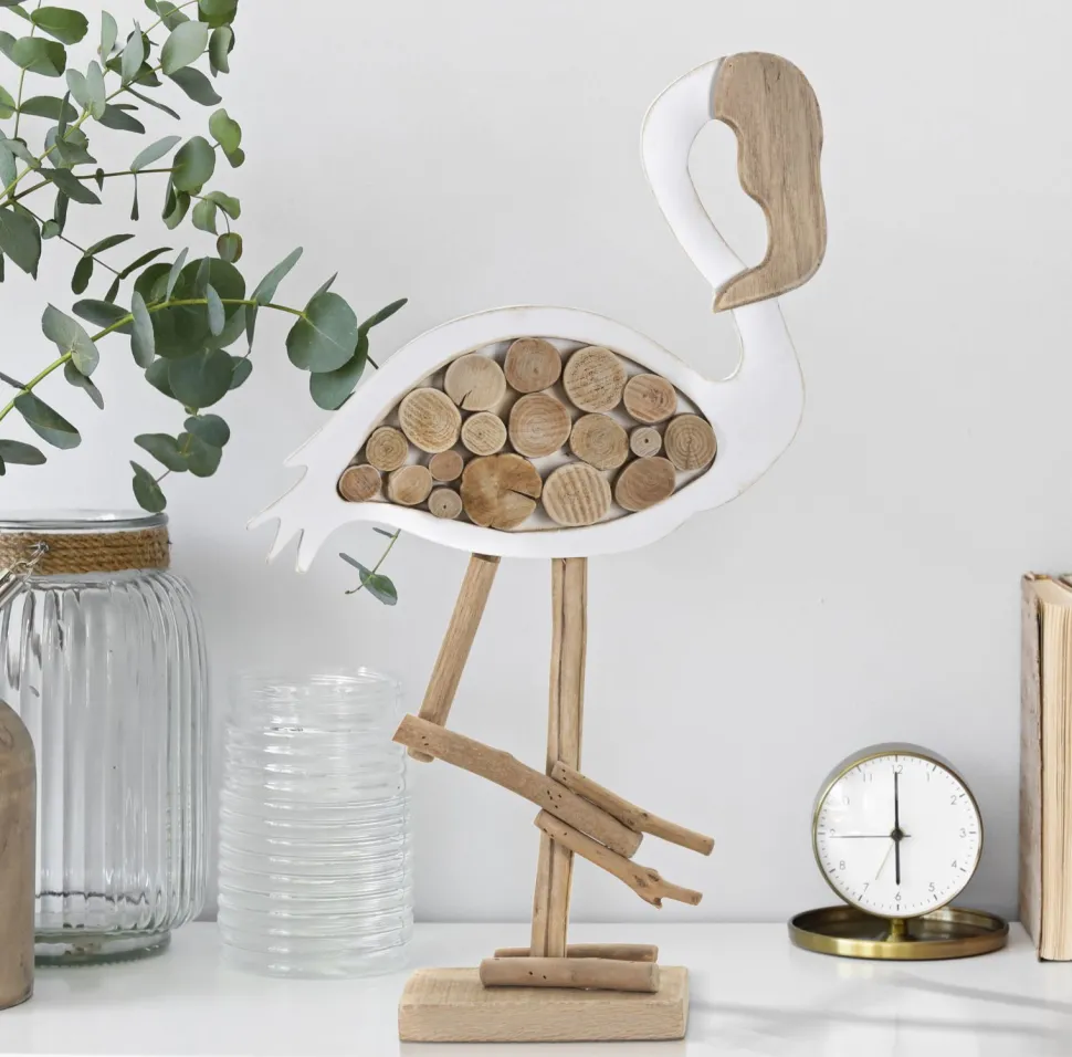 Sculpture Flamant en bois massif et M.D.F. blanc