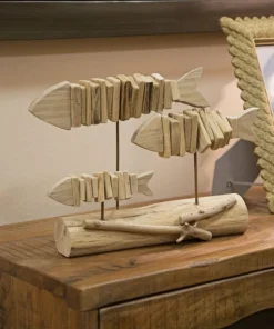 Sculpture poisson en bois massif socle bois naturel