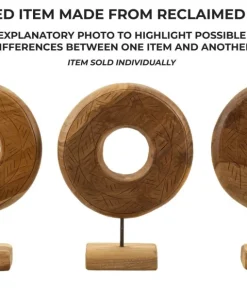 Sculpture ronde Teck recyclé motifs irréguliers marron socle en bois