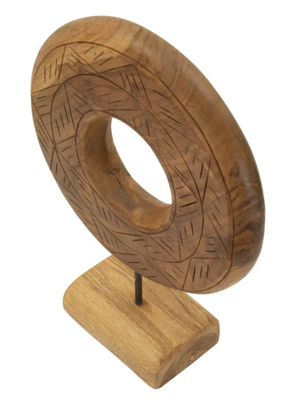 Sculpture ronde Teck recyclé motifs irréguliers marron socle en bois