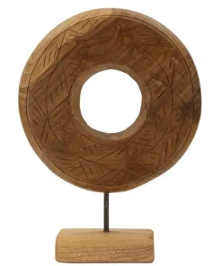 Sculpture ronde Teck recyclé motifs irréguliers marron socle en bois