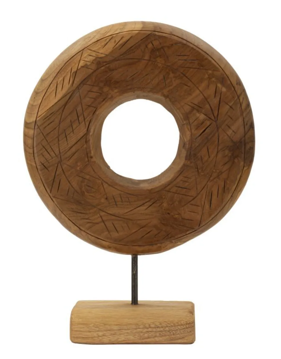 Sculpture ronde Teck recyclé motifs irréguliers marron socle en bois