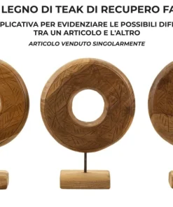 Sculpture ronde Teck recyclé motifs irréguliers marron socle en bois