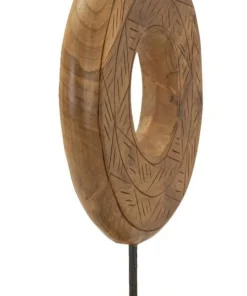 Sculpture ronde Teck recyclé motifs irréguliers marron socle en bois