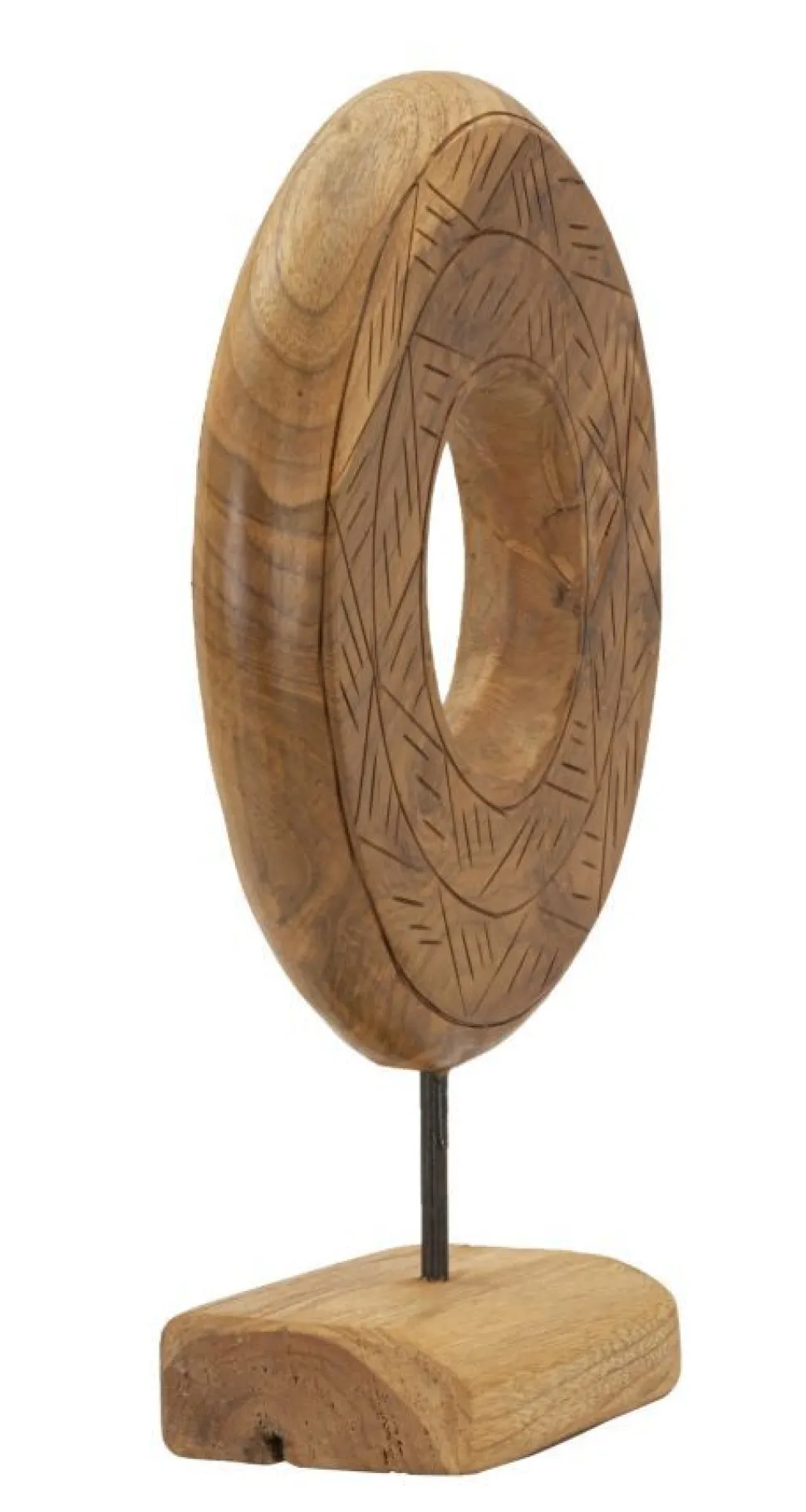 Sculpture ronde Teck recyclé motifs irréguliers marron socle en bois