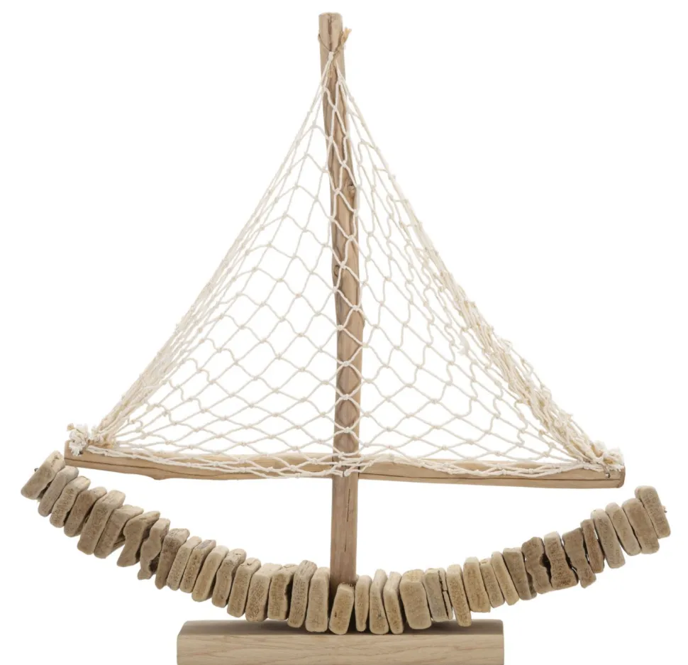 Sculpture voilier en bois voile tissu base bois massif
