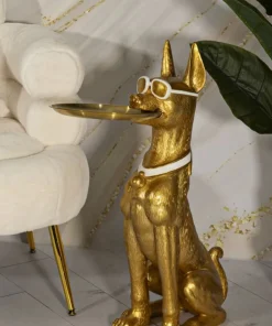 Statue chien pitbull dorée avec plateau