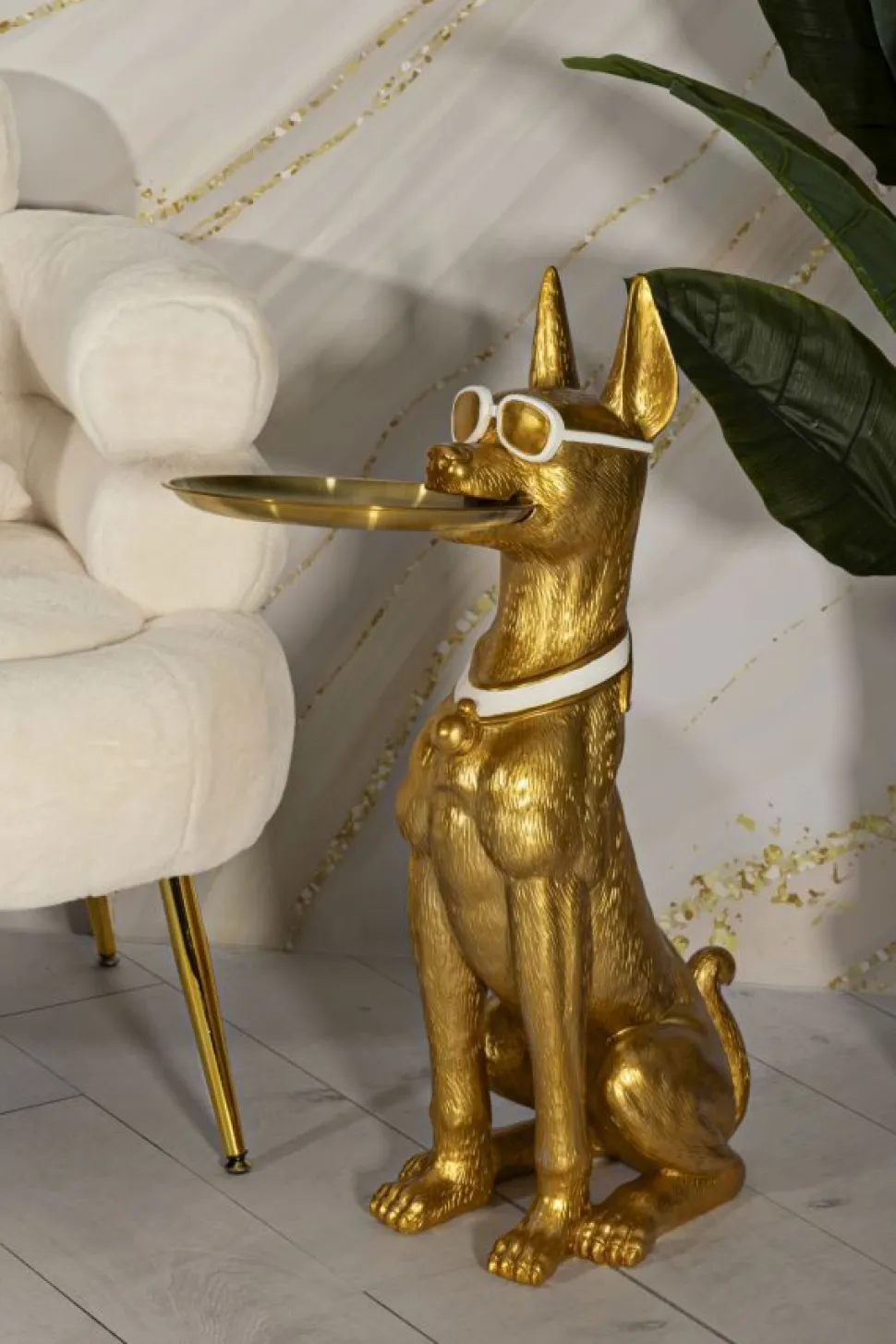 Statue chien pitbull dorée avec plateau