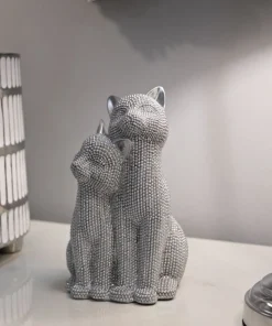 Statue couple de chats polyrésine brillant argenté