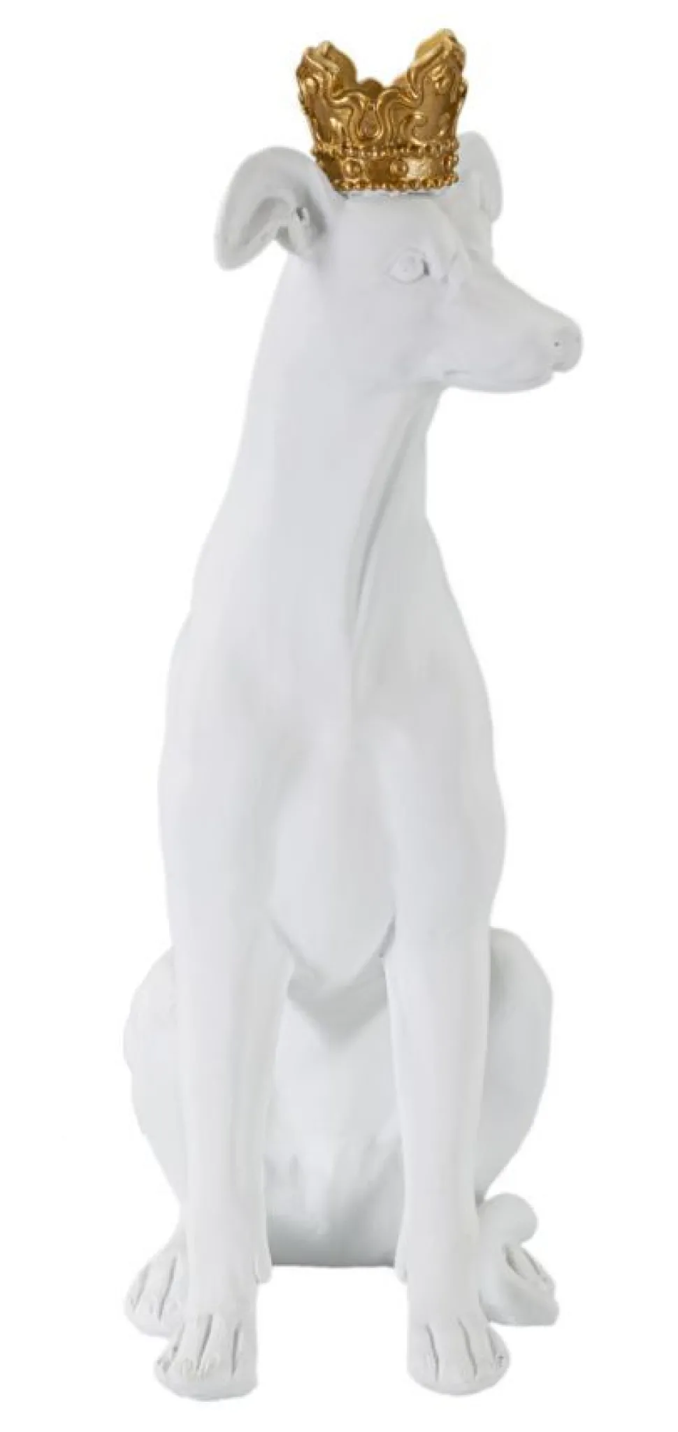 Statue de chien assis Blanc finition polyrésine couronne Dorée
