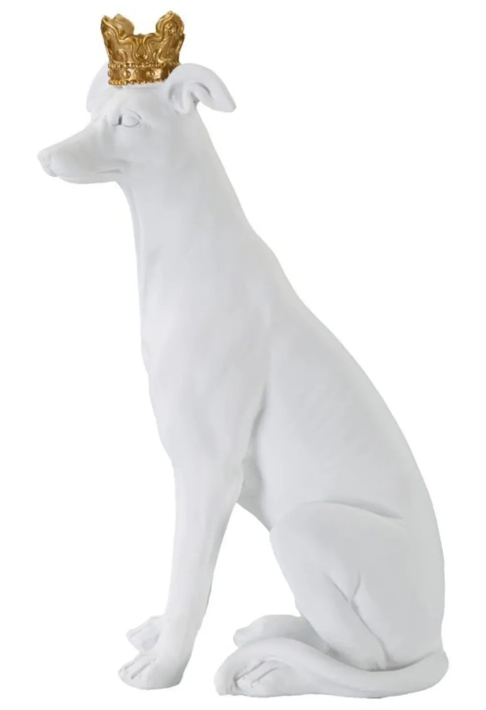 Statue de chien assis Blanc finition polyrésine couronne Dorée