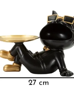 Statuette chien en polyrésine et métal noir avec plateau doré