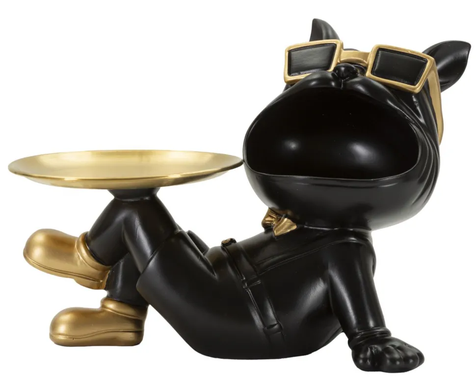Statuette chien en polyrésine et métal noir avec plateau doré