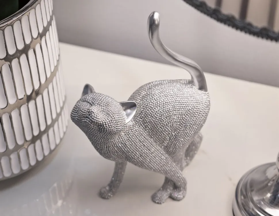 Statuette de chat en polyrésine finition argentée