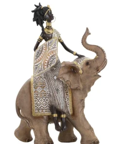 Statuette Femme Indigène sur Éléphant Polyrésine Multicolore
