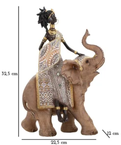 Statuette Femme Indigène sur Éléphant Polyrésine Multicolore