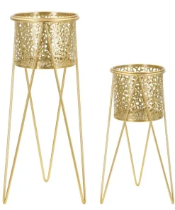 Support de vase en métal doré avec sculptures irrégulières - Ensemble de 2 pcs