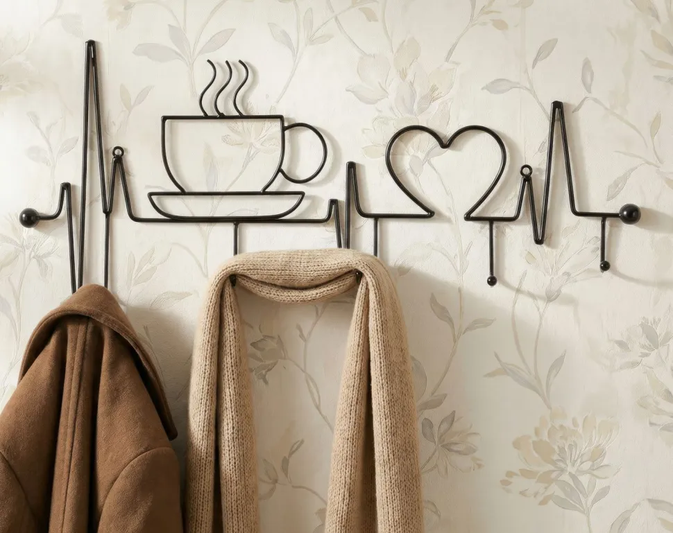 Support mural métal Noir tasse fumante cœur