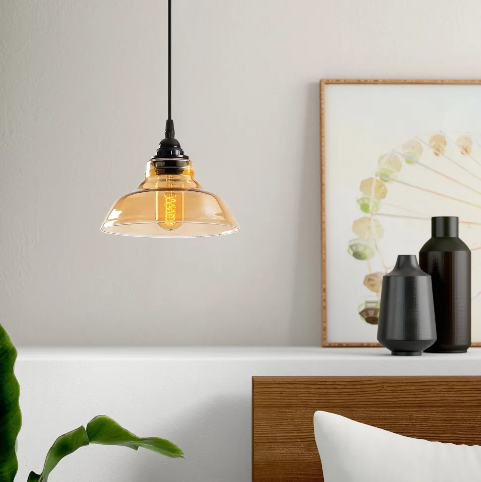Suspension dôme Salerno D20cm Métal Noir et Verre Ambré foncé